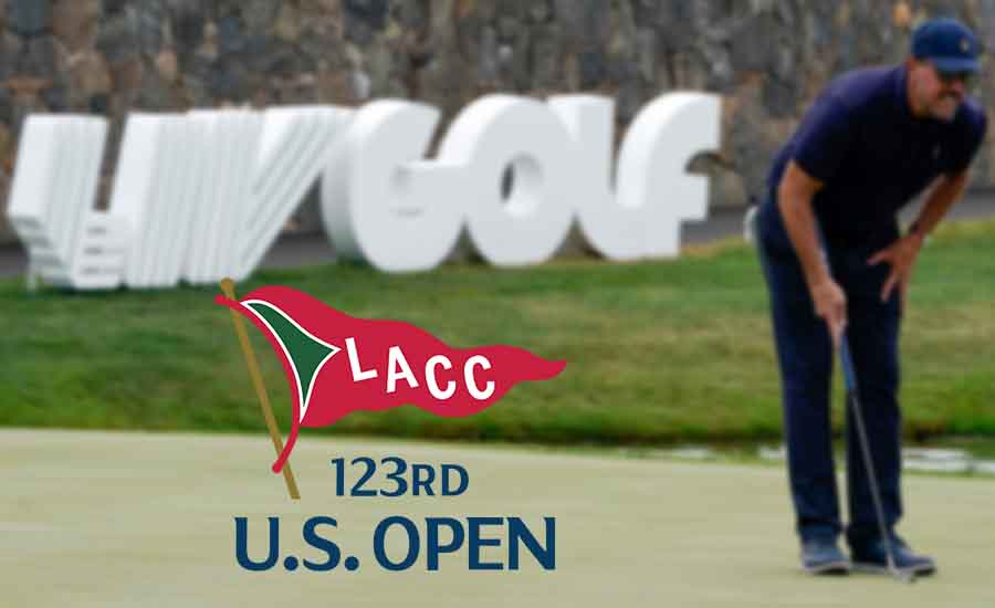 Phil Mickelson golfing in front of a LIV Golf sign with a 2023 US Open logo overlaid