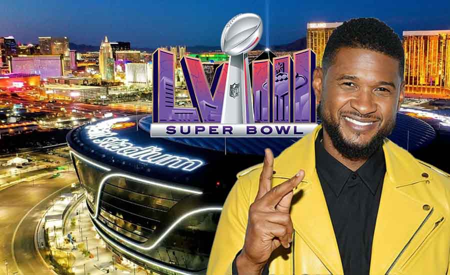 Usher throwing up a peace sign in front of Allegiant Stadium, home of Super Bowl LVIII