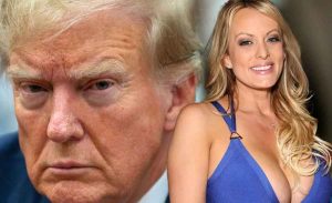 A close up of Donald Trump with a scowl next to Stormy Daniels smiling in a blue dress