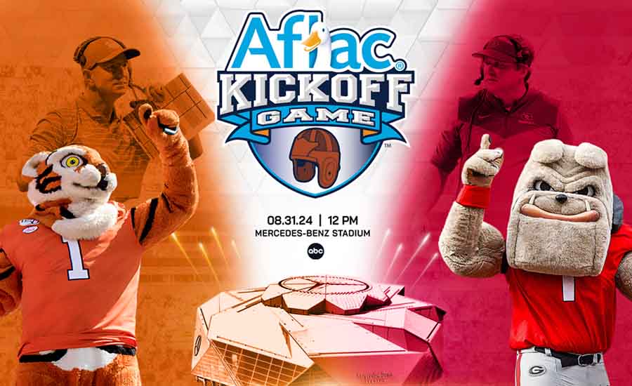 a promotional image for the AFLAC Kickoff Classic featuring the Georgia Bulldogs and Clemson Tigers mascots and the Mercedes-Benz Stadium