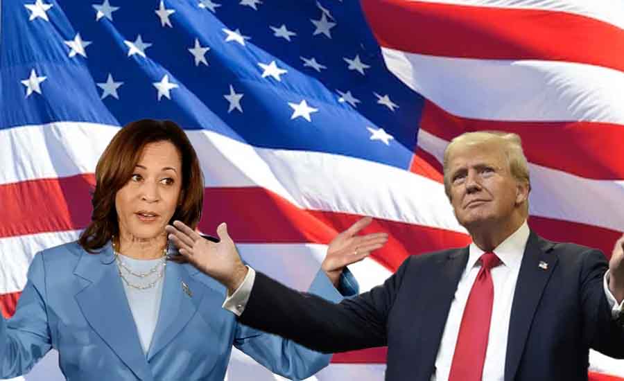 Kamala Harris and Donald Trump in front of a waving US flag