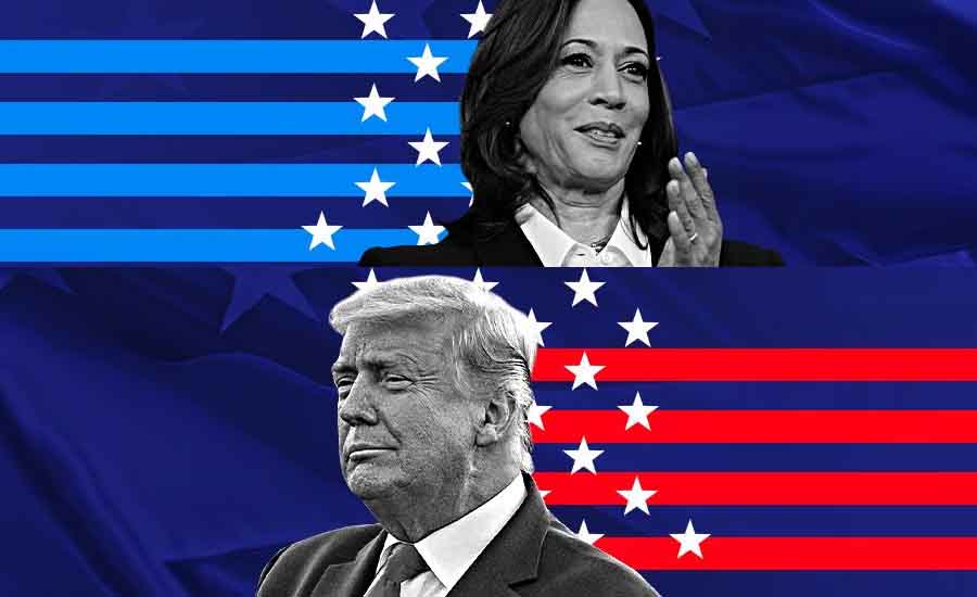 Donald Trump and Kamala Harris with blue and red stripes next to each of them